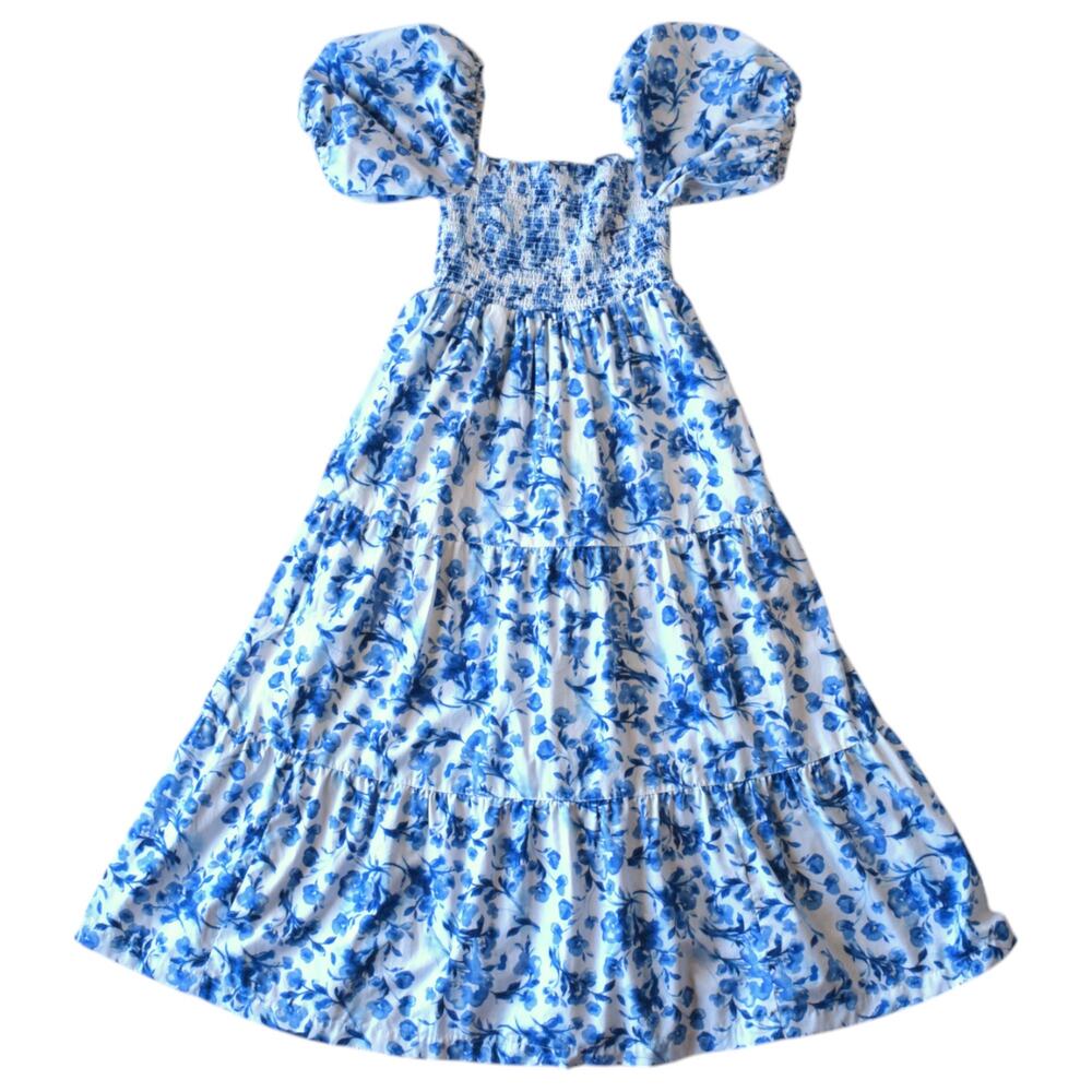 Abercrombie & Fitch White Blue Floral Smocked Puff Sleeve Tiered Dress Medium
